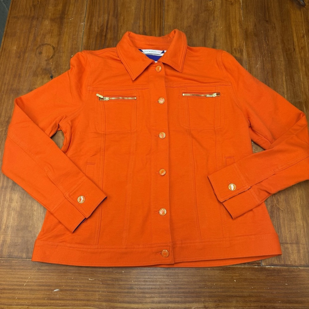 Isaac Mizrahi Live Orange Stretch Denim Utility Jacket Gold Button Zip M
